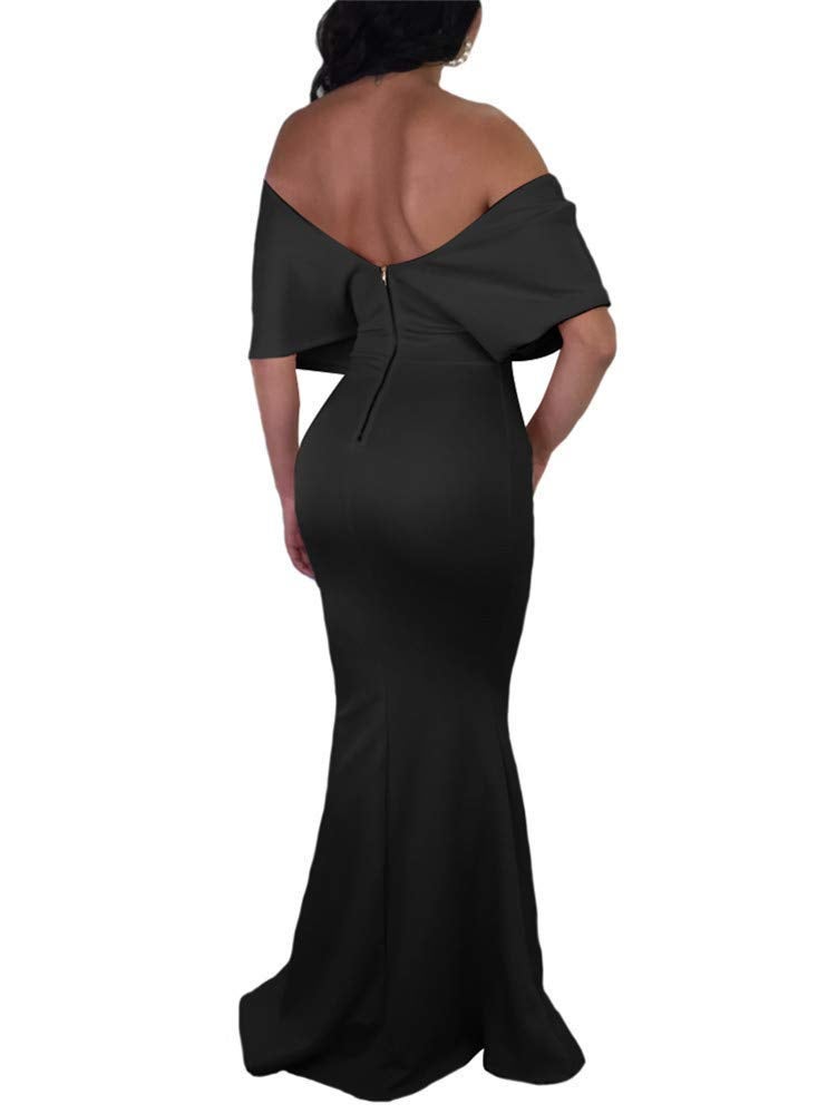 GOBLES Women Sexy V Neck Off The Shoulder Evening Gown Fishtail Maxi Dress (XL, Black) - Image 1